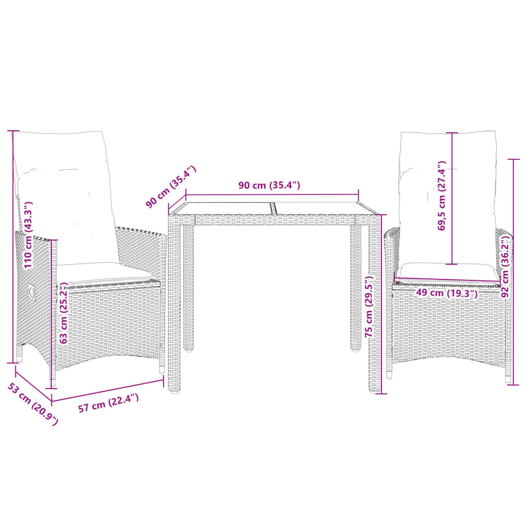 3-tlg. Bistro-Set mit Kissen Schwarz Poly Rattan und Akazie