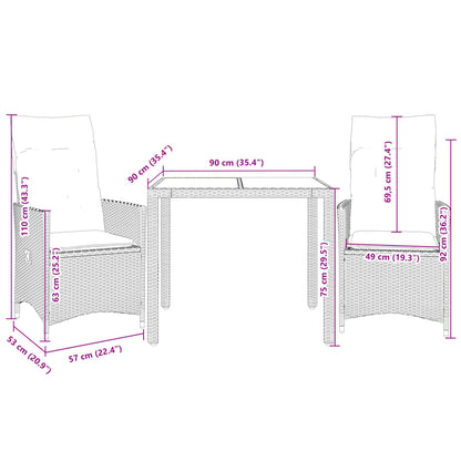 3-tlg. Bistro-Set mit Kissen Schwarz Poly Rattan und Akazie