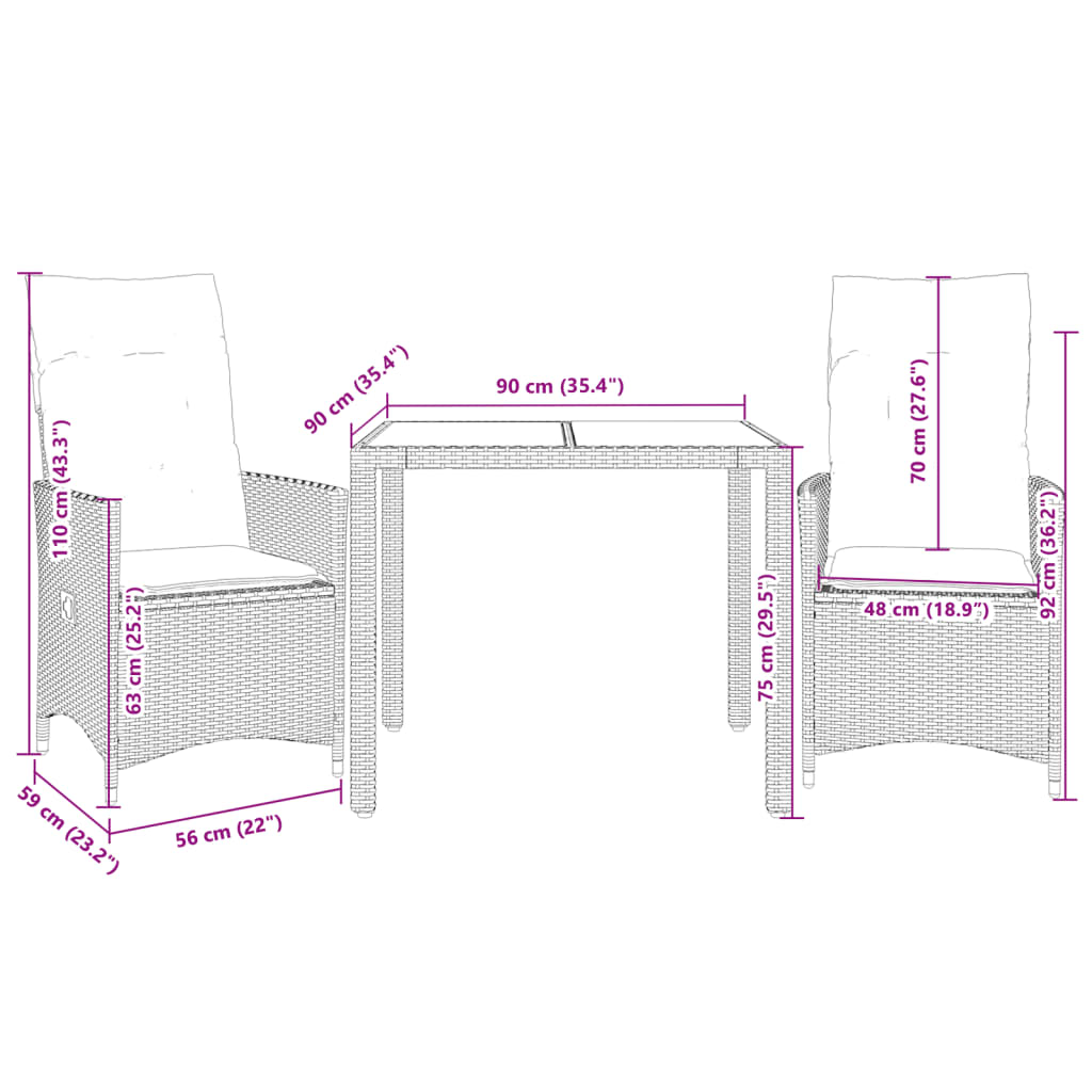 3-tlg. Bistro-Set mit Kissen Schwarz Poly Rattan