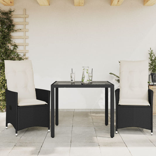 3-tlg. Bistro-Set mit Kissen Schwarz Poly Rattan