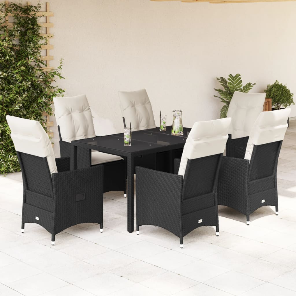 7-tlg. Garten-Essgruppe mit Kissen Schwarz Poly Rattan