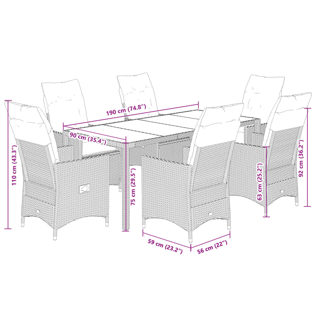 7-tlg. Garten-Essgruppe mit Kissen Schwarz Poly Rattan