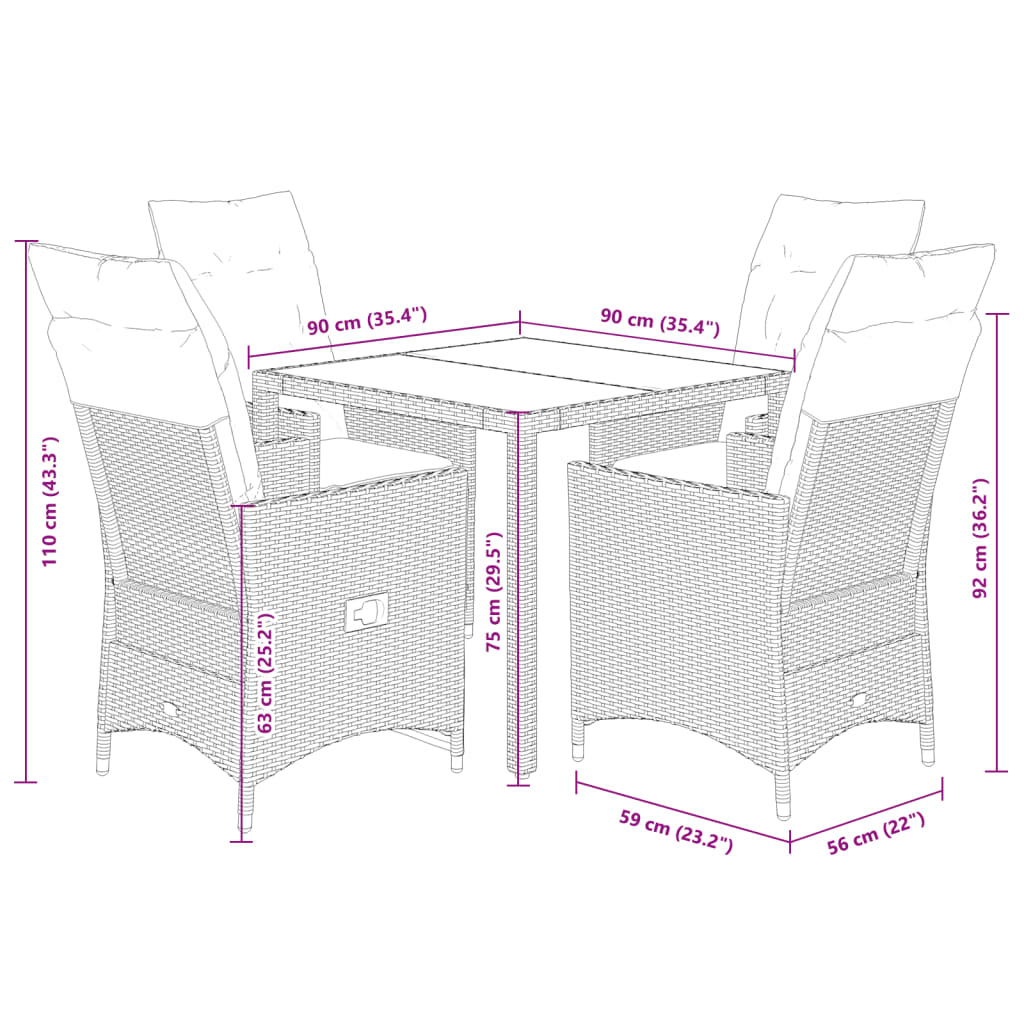 5-tlg. Garten-Essgruppe mit Kissen Braun Poly Rattan