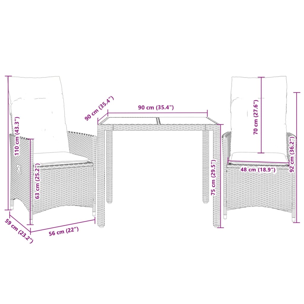 3-tlg. Bistro-Set mit Kissen Beige Poly Rattan