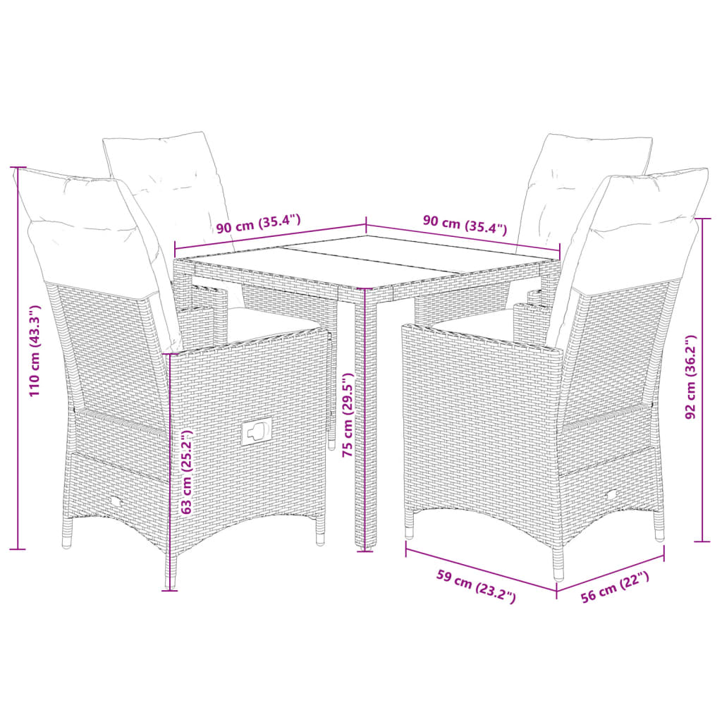 5-tlg. Garten-Essgruppe mit Kissen Beige Poly Rattan