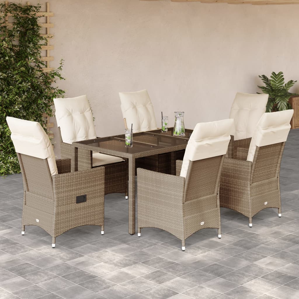 7-tlg. Garten-Essgruppe mit Kissen Beige Poly Rattan