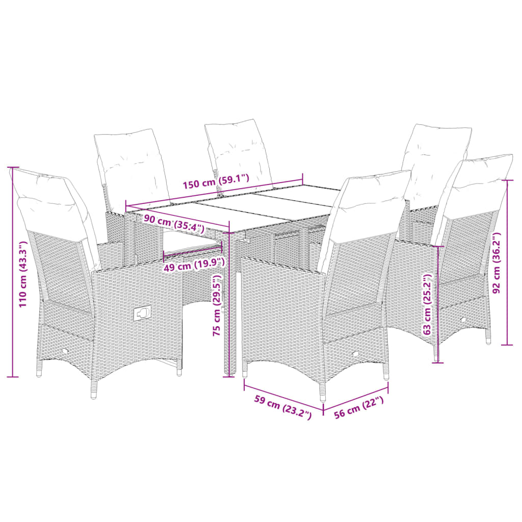 7-tlg. Garten-Essgruppe mit Kissen Beige Poly Rattan