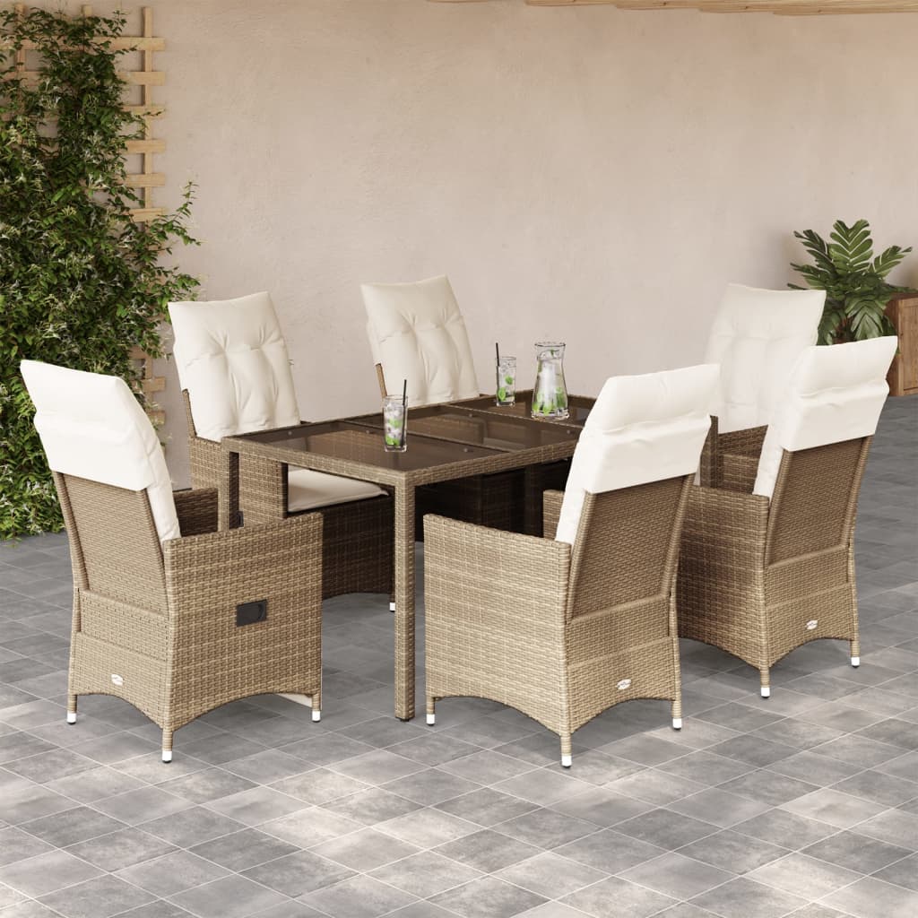 7-tlg. Garten-Essgruppe mit Kissen Beige Poly Rattan