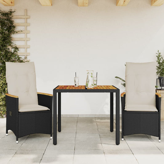 3-tlg. Bistro-Set mit Kissen Schwarz Poly Rattan