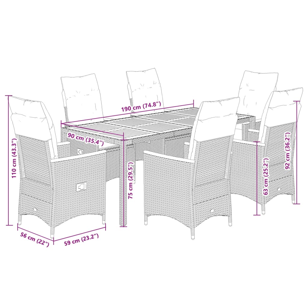 7-tlg. Garten-Essgruppe mit Kissen Schwarz Poly Rattan