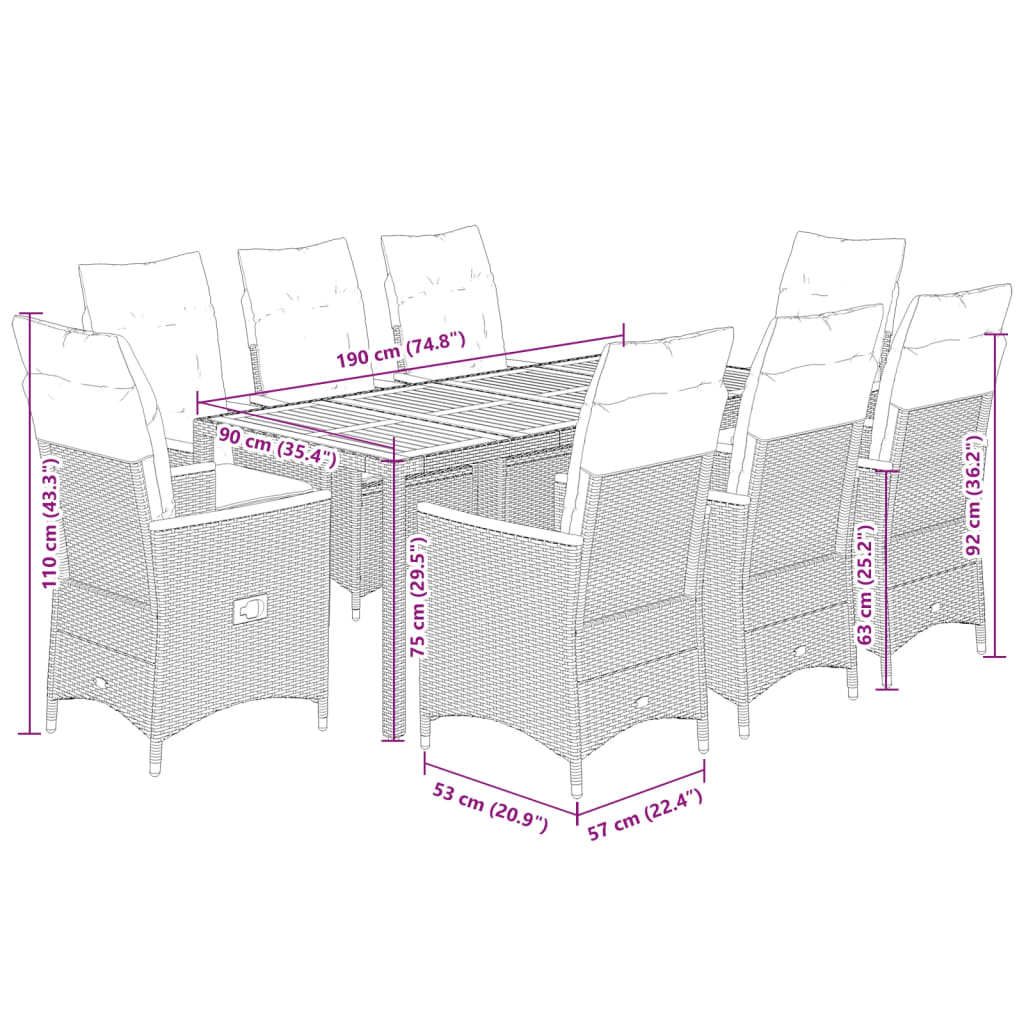 9-tlg. Garten-Essgruppe mit Kissen Grau Poly Rattan