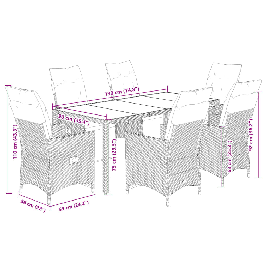 7-tlg. Garten-Essgruppe mit Kissen Schwarz Poly Rattan