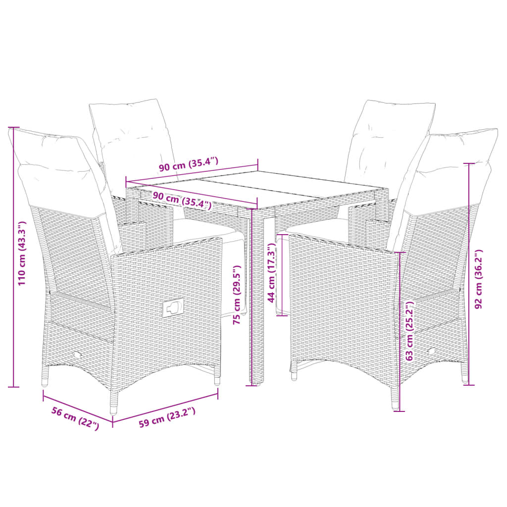 5-tlg. Garten-Bistro-Set mit Kissen Grau Poly Rattan