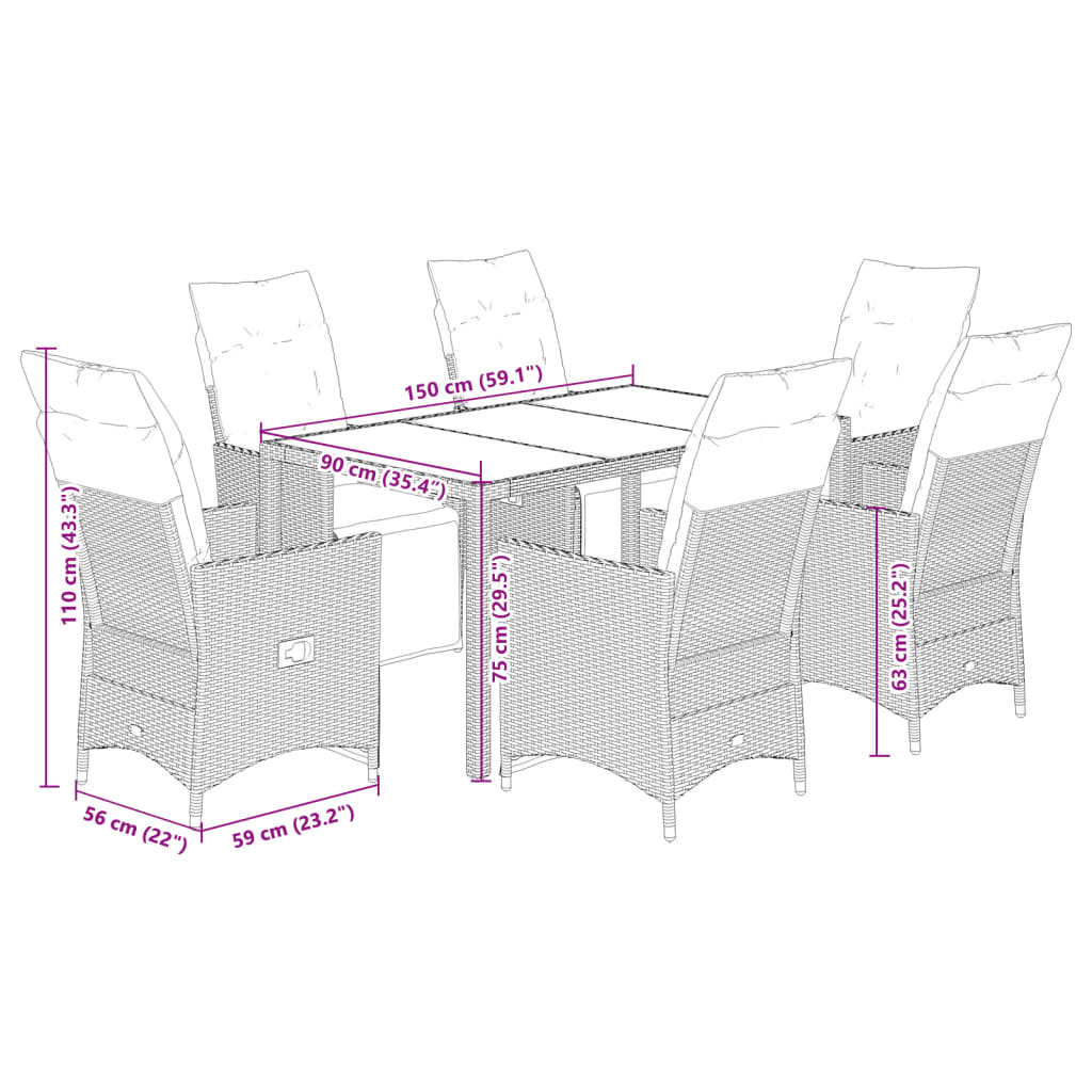 7-tlg. Garten-Bistro-Set mit Kissen Grau Poly Rattan