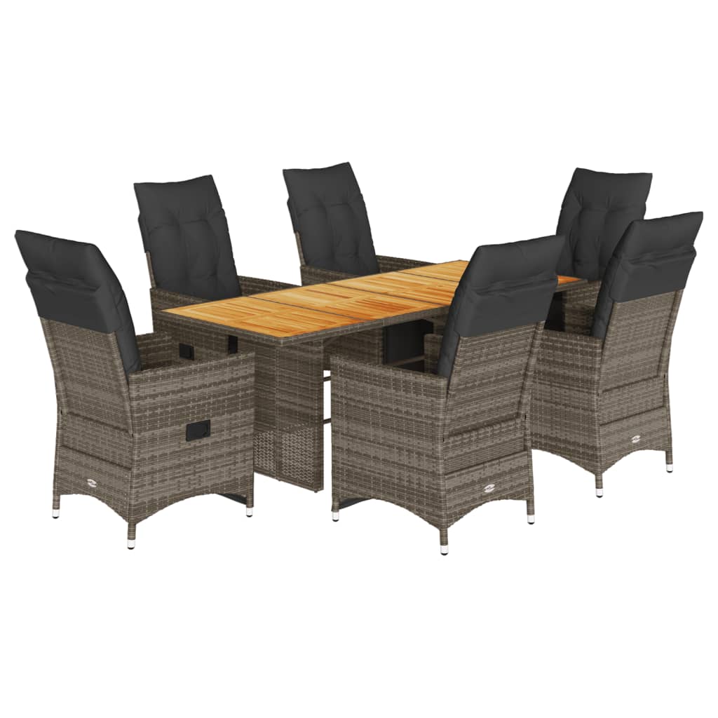 7-tlg. Garten-Bistro-Set mit Kissen Grau Poly Rattan