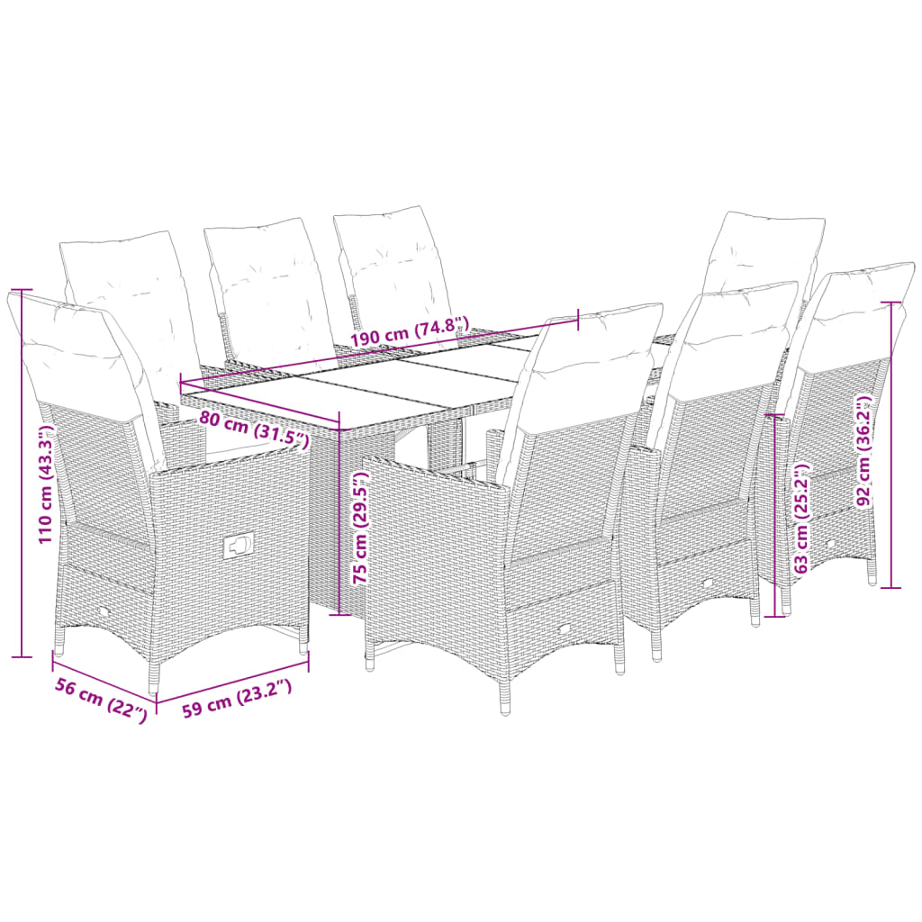 9-tlg. Garten-Bistro-Set mit Kissen Grau Poly Rattan