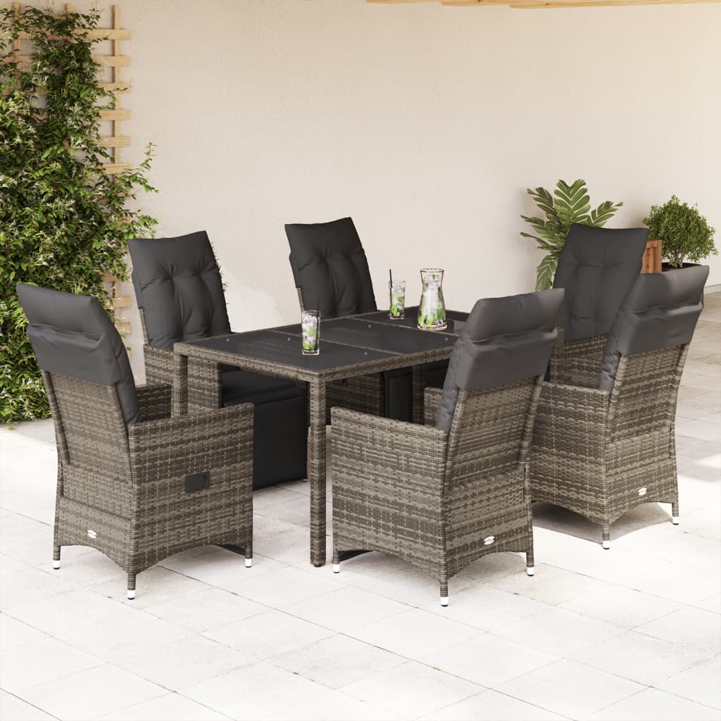 7-tlg. Garten-Bistro-Set mit Kissen Grau Poly Rattan