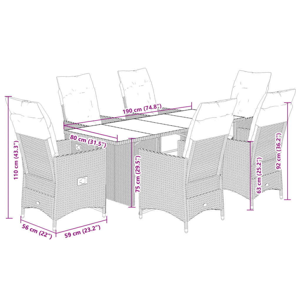 7-tlg. Garten-Bistro-Set mit Kissen Grau Poly Rattan