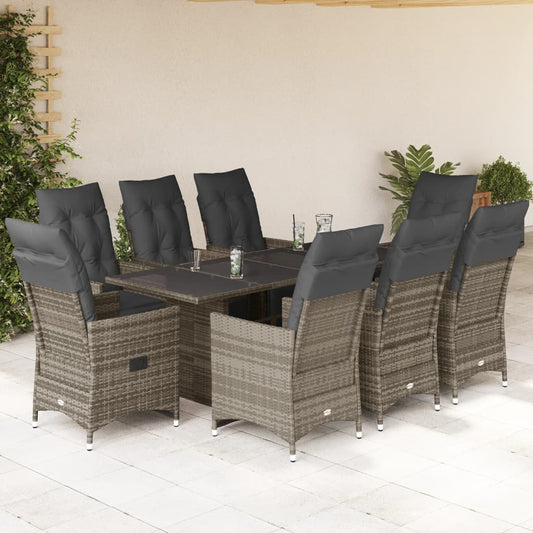 9-tlg. Garten-Bistro-Set mit Kissen Grau Poly Rattan