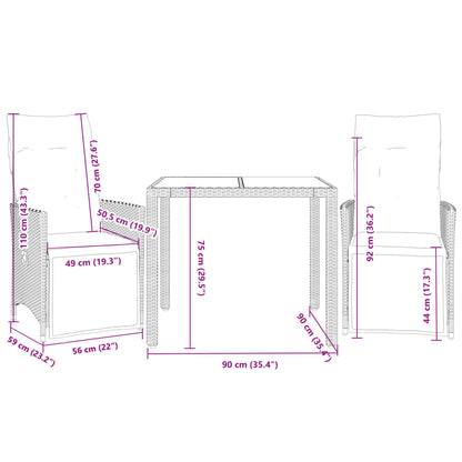 3-tlg. Garten-Bistro-Set mit Kissen Braun Poly Rattan