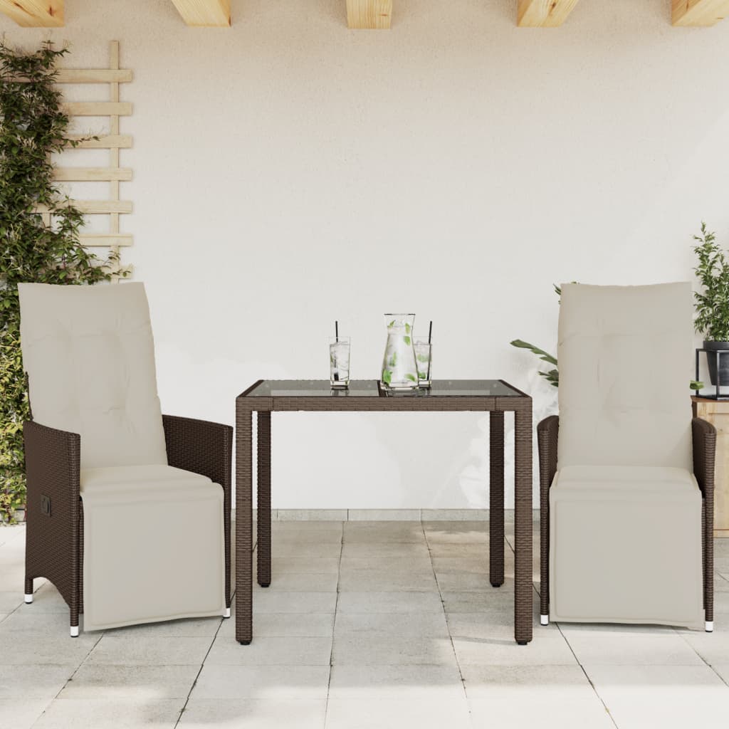 3-tlg. Garten-Bistro-Set mit Kissen Braun Poly Rattan