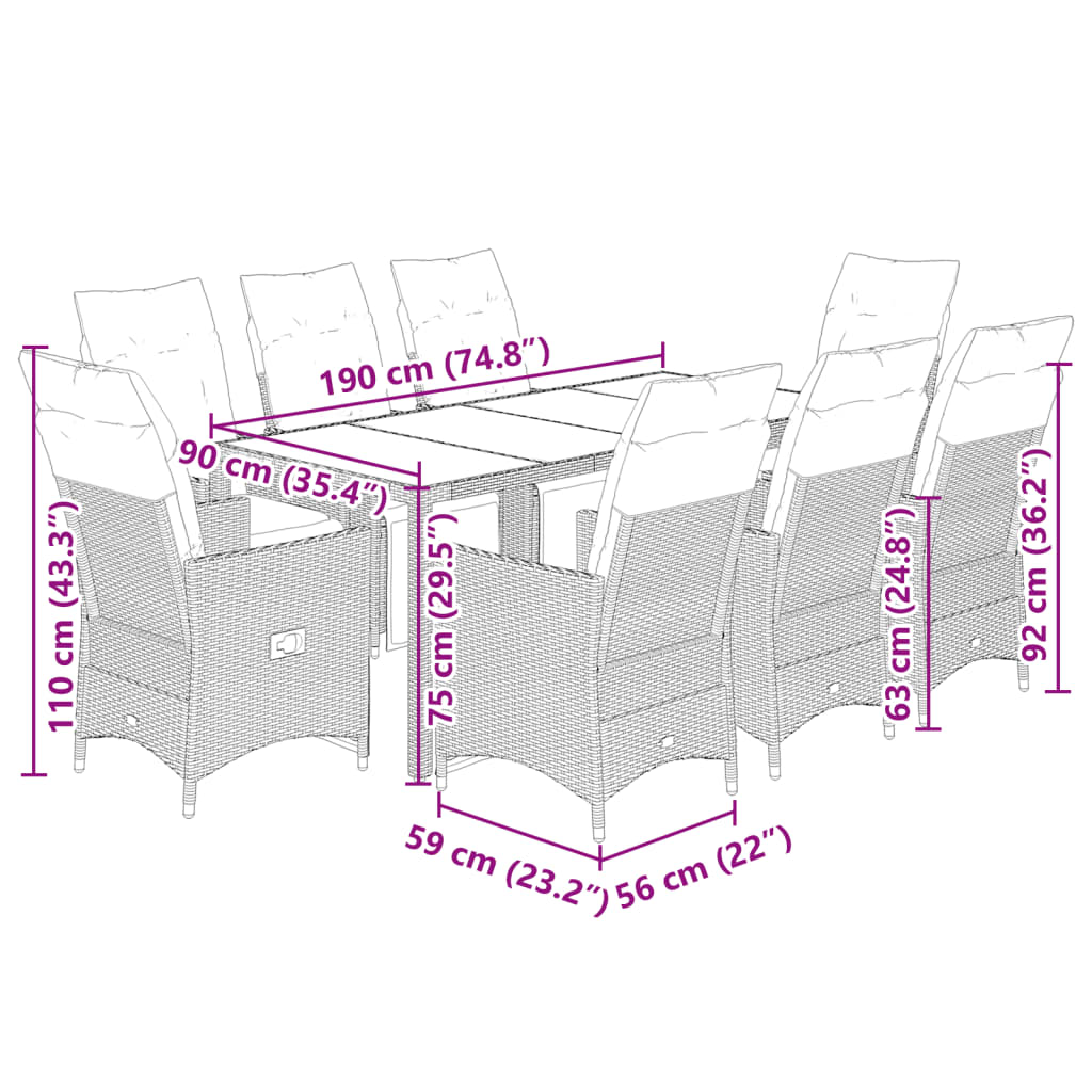 9-tlg. Garten-Bistro-Set mit Kissen Braun Poly Rattan