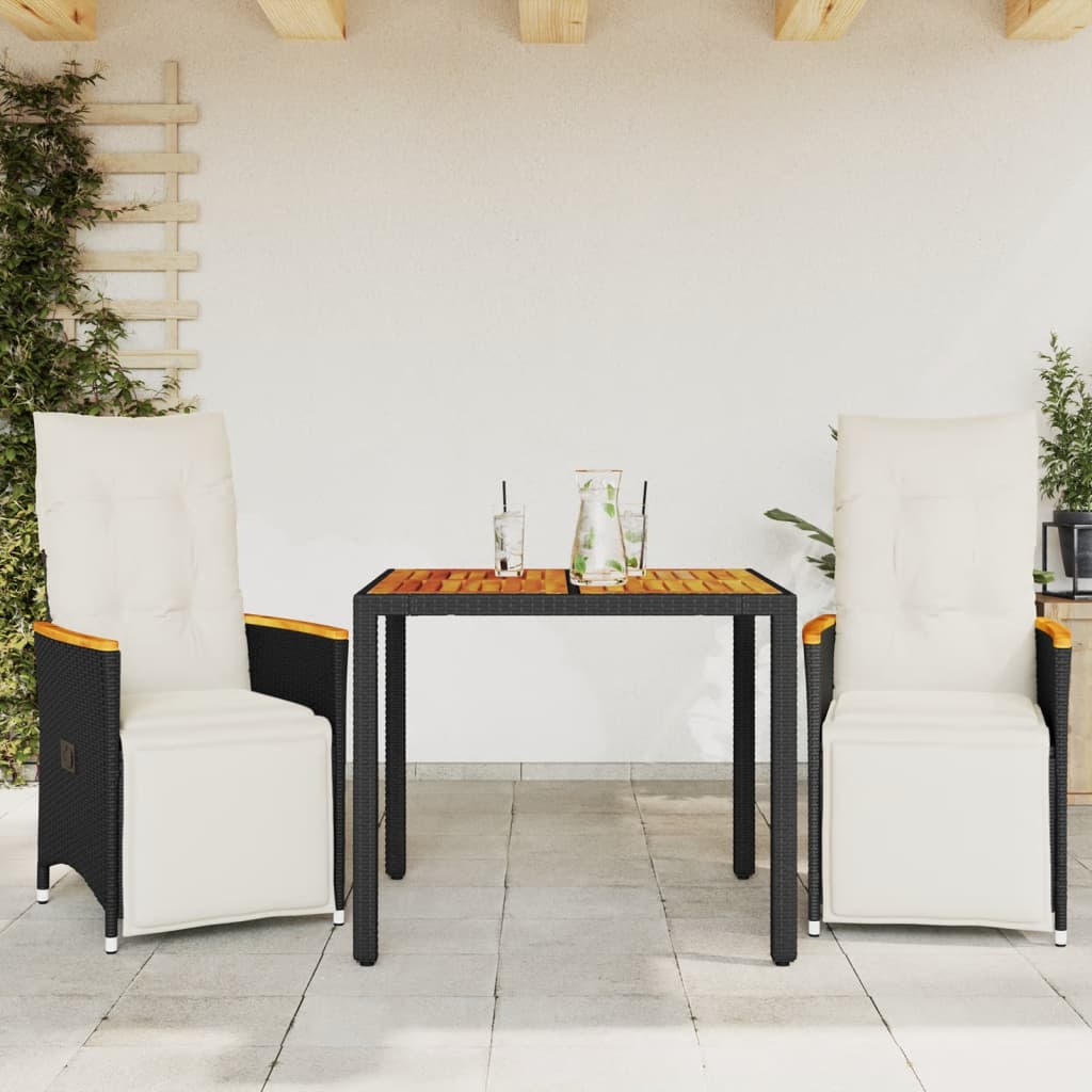 3-tlg. Garten-Bistro-Set mit Kissen Schwarz Poly Rattan