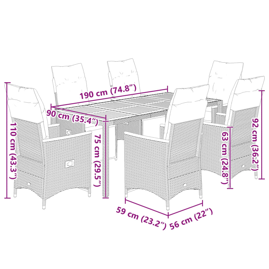 7-tlg. Garten-Bistro-Set mit Kissen Schwarz Poly Rattan