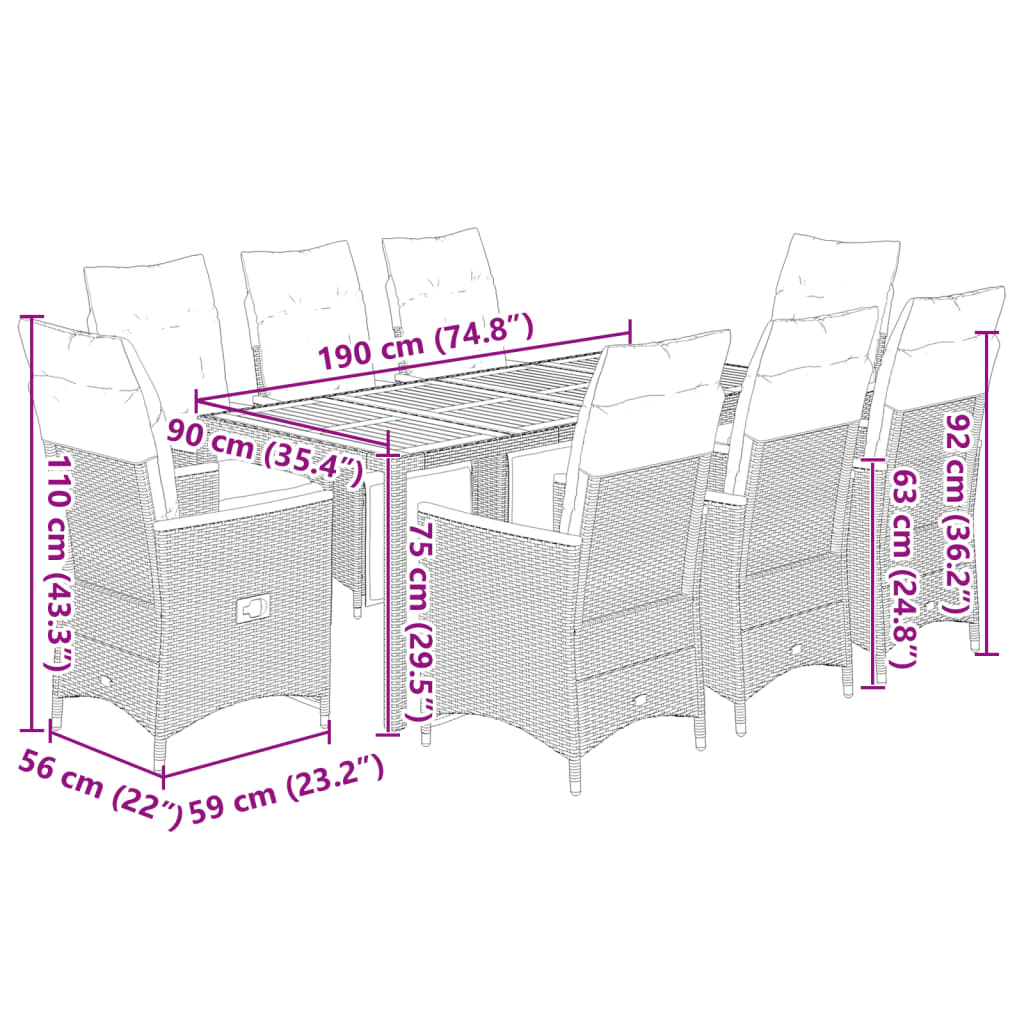 9-tlg. Garten-Bistro-Set mit Kissen Schwarz Poly Rattan