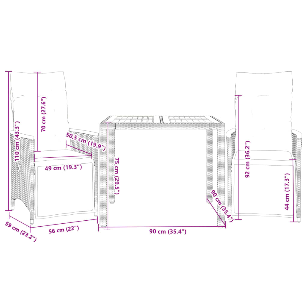 3-tlg. Garten-Bistro-Set mit Kissen Grau Poly Rattan