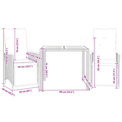 3-tlg. Garten-Bistro-Set mit Kissen Grau Poly Rattan