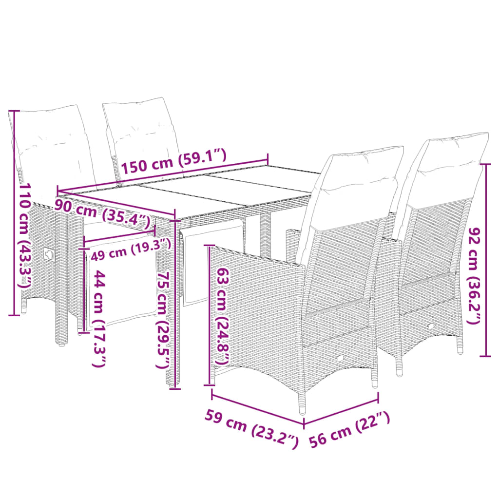 5-tlg. Garten-Bistro-Set mit Kissen Grau Poly Rattan