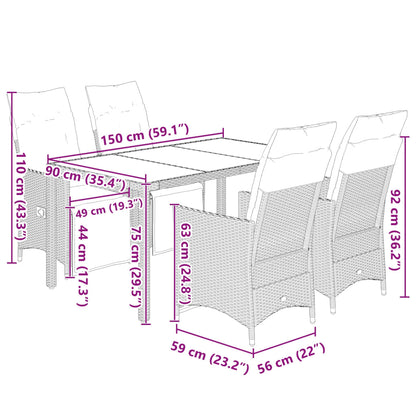 5-tlg. Garten-Bistro-Set mit Kissen Grau Poly Rattan