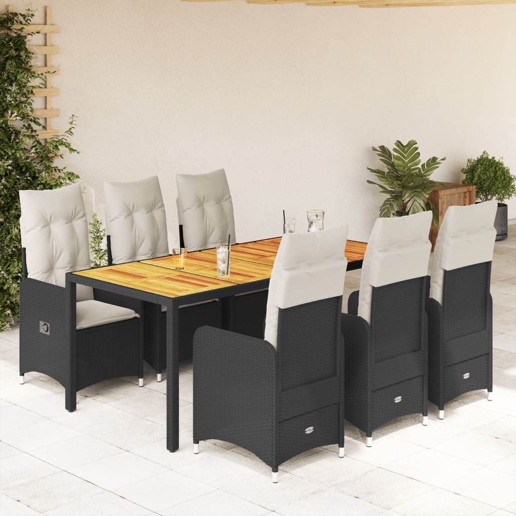 7-tlg. Garten-Bistro-Set mit Kissen Schwarz Poly Rattan