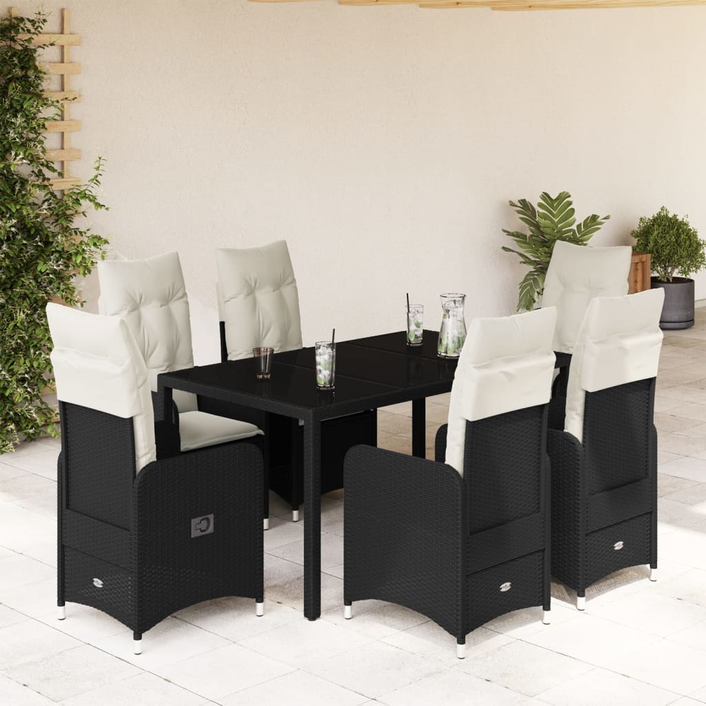 7-tlg. Garten-Bistro-Set mit Kissen Schwarz Poly Rattan