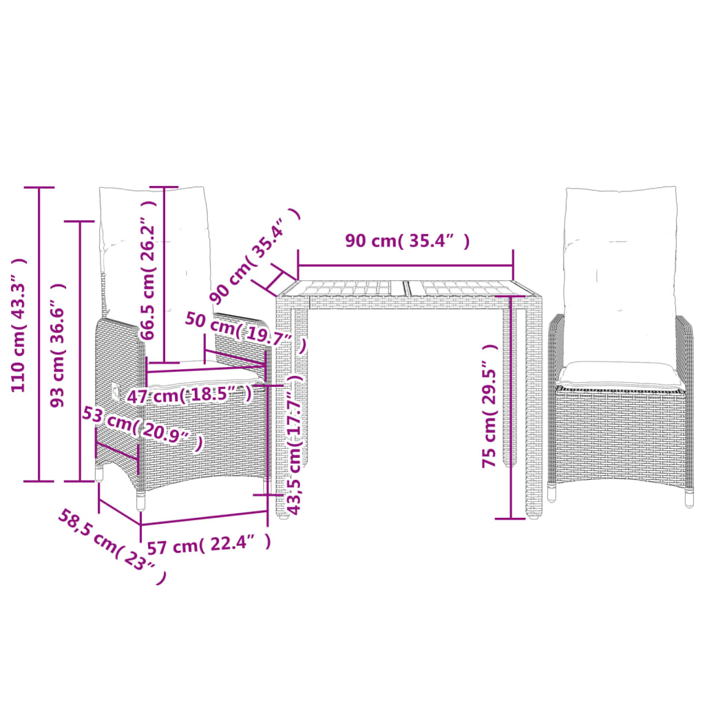 3-tlg. Garten-Bistro-Set mit Kissen Grau Poly Rattan