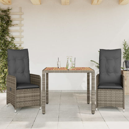 3-tlg. Garten-Bistro-Set mit Kissen Grau Poly Rattan