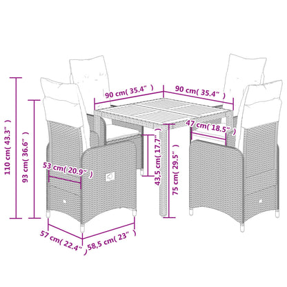 5-tlg. Garten-Bistro-Set mit Kissen Grau Poly Rattan