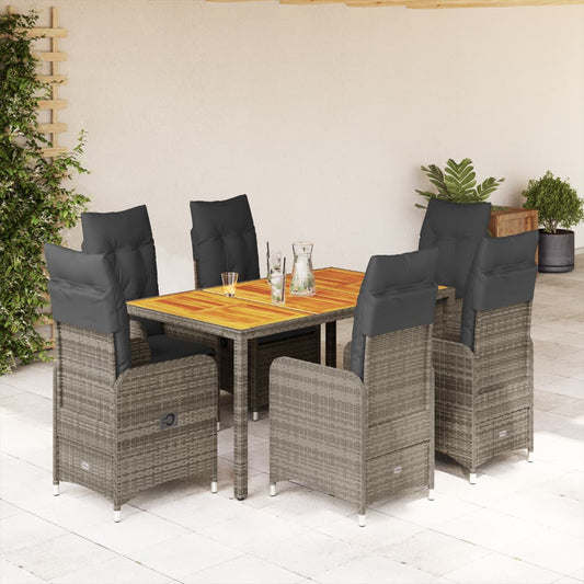 7-tlg. Garten-Bistro-Set mit Kissen Grau Poly Rattan