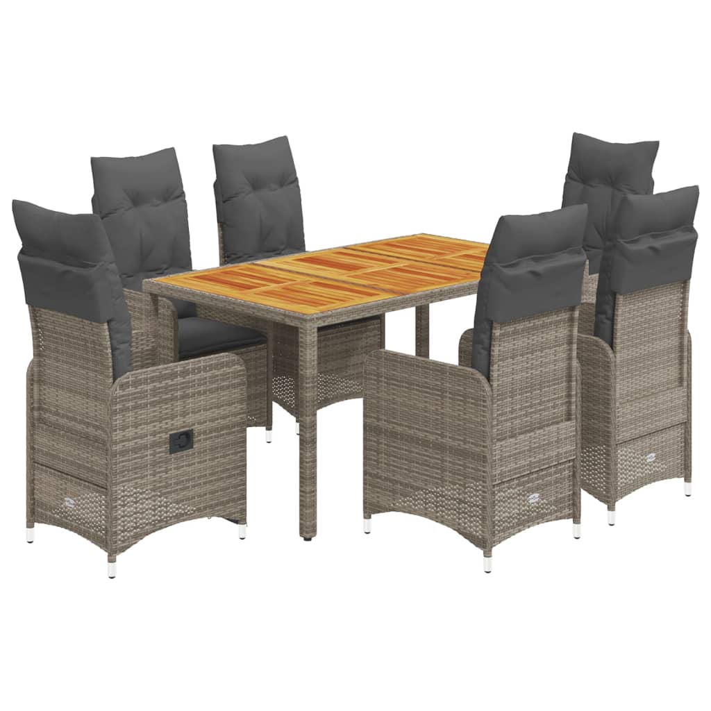 7-tlg. Garten-Bistro-Set mit Kissen Grau Poly Rattan