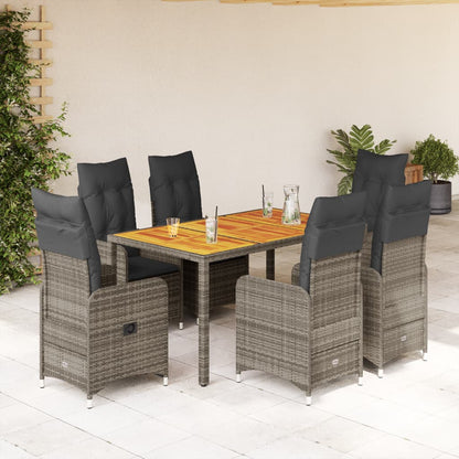 7-tlg. Garten-Bistro-Set mit Kissen Grau Poly Rattan