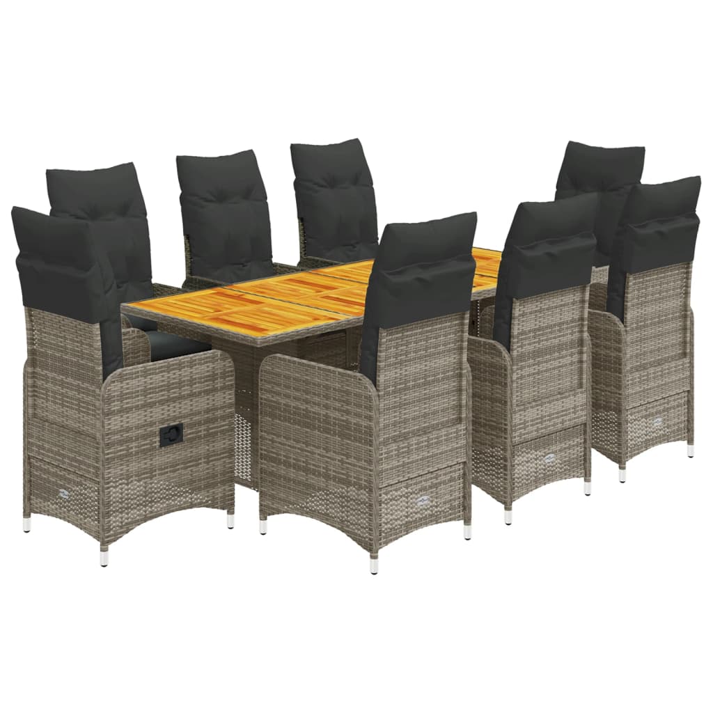 9-tlg. Garten-Bistro-Set mit Kissen Grau Poly Rattan