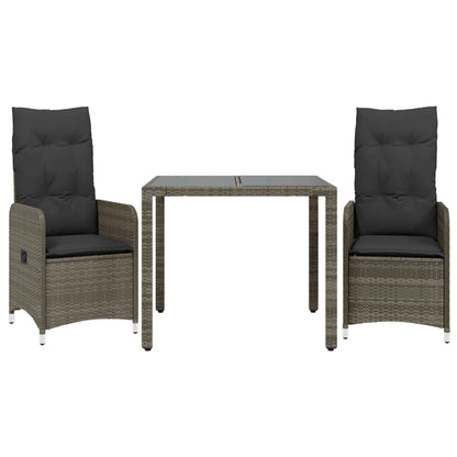 3-tlg. Garten-Bistro-Set mit Kissen Grau Poly Rattan