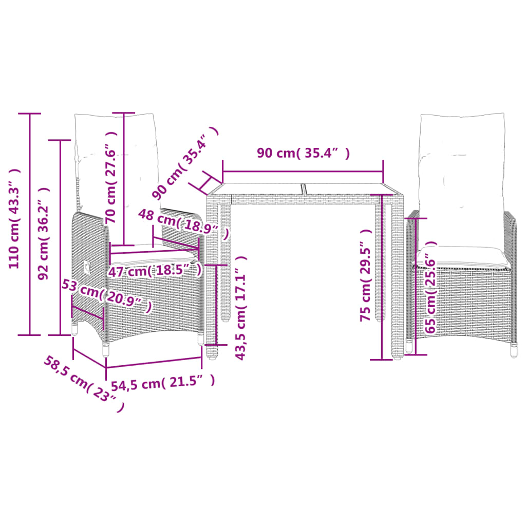 3-tlg. Garten-Bistro-Set mit Kissen Grau Poly Rattan