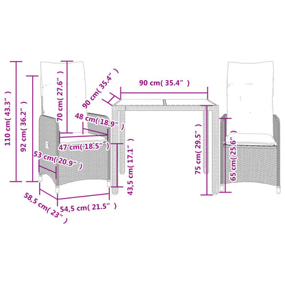 3-tlg. Garten-Bistro-Set mit Kissen Grau Poly Rattan