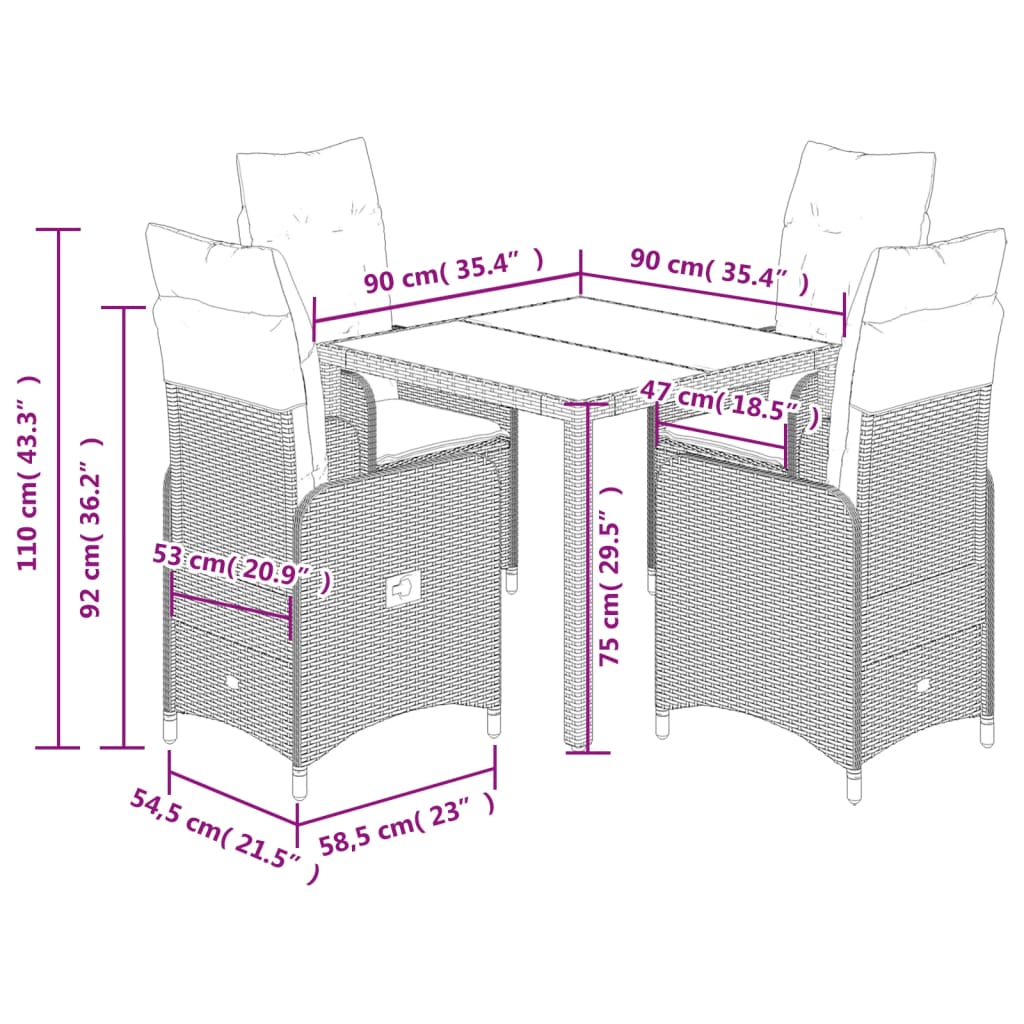 5-tlg. Garten-Bistro-Set mit Kissen Grau Poly Rattan