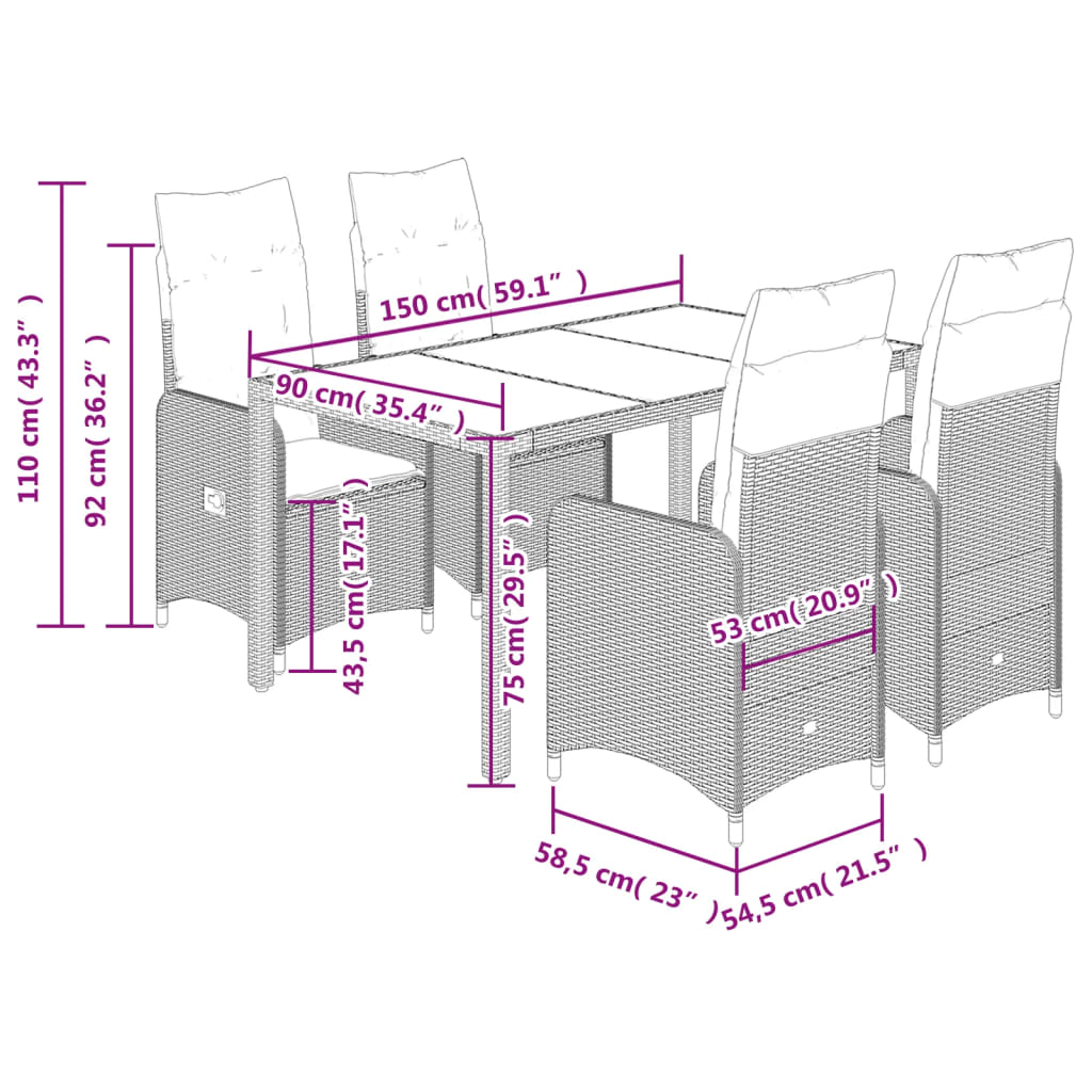 5-tlg. Garten-Bistro-Set mit Kissen Grau Poly Rattan