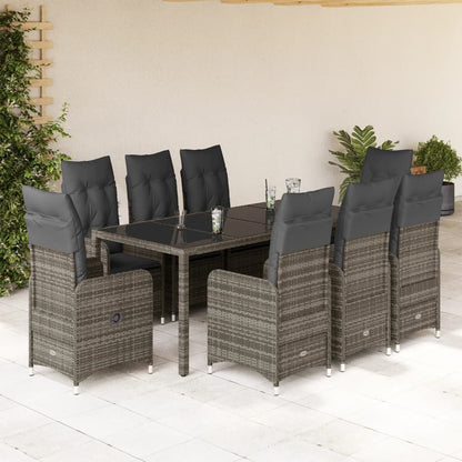 9-tlg. Garten-Bistro-Set mit Kissen Grau Poly Rattan