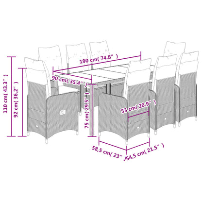 9-tlg. Garten-Bistro-Set mit Kissen Grau Poly Rattan