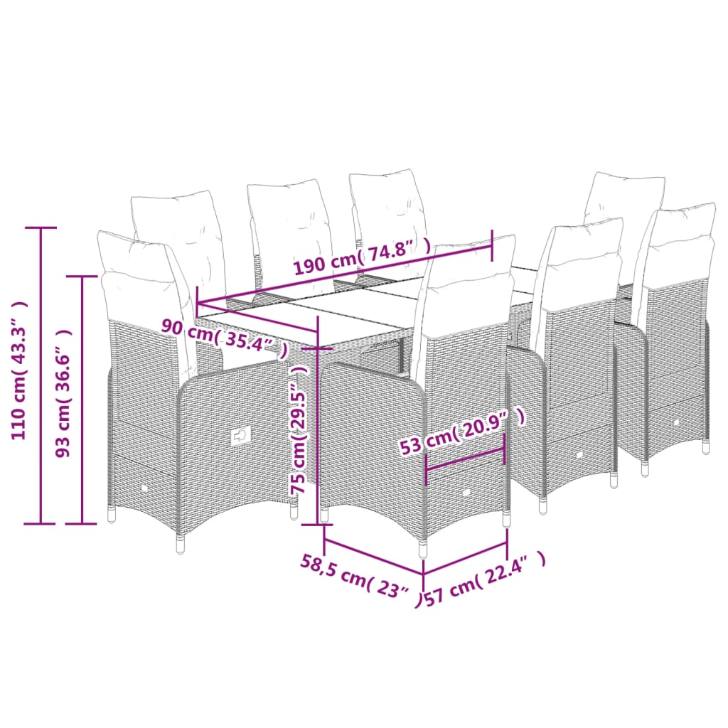 9-tlg. Garten-Bistro-Set mit Kissen Grau Poly Rattan